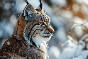 ai generado salvaje animal lince en invierno bosque borroso antecedentes foto