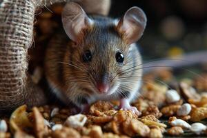 AI generated A tiny mouse eats grains while sitting in a gnawed grey burlap bag photo