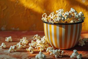 AI generated closeup of a yellow metal bowl with delicious popcorn on yellow background photo