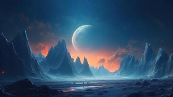 AI generated alien cold planet with mountain and rocks. sci fi landscape photo