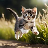 AI generated kitten jumping in the meadow. Generative AI photo
