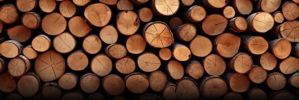 ai generado antecedentes de muchos apilado cortar árbol registros, natural de madera bañador textura bandera foto