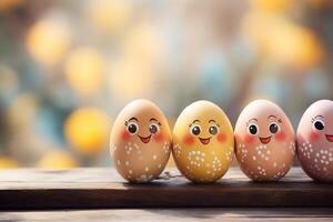 AI generated Several colorfully painted easter eggs with cute smiling faces drawed on them on blurred background photo