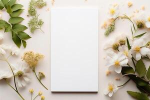 AI generated mockup white blank paper sheet with white flowers and leaves top view, floral template empty card flat lay for design with copy space photo