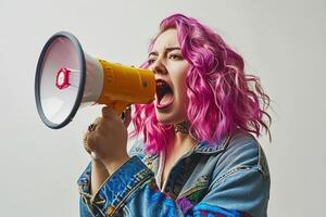 AI generated Pink haired young woman in a decorated denim jacket shouts angrily into a loudspeaker photo