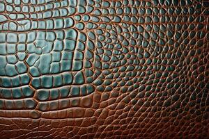 AI generated Abstract closeup brown green crocodile skin, luxury textured background photo