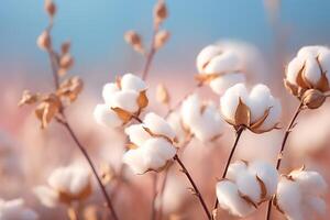 AI generated closeup of a fluffy cotton sprig in a organic field on a blurred background photo