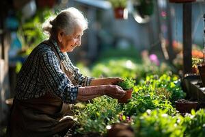 AI generated Happy elderly woman in a brown apron takes care of a potted plant in the garden photo