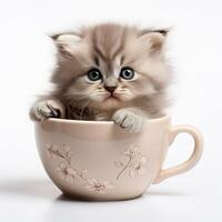 AI generated cute fluffy kitten inside in a cup on white background photo