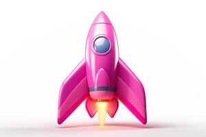 AI generated Illustration of a pink retro futuristic rocket with big wings taking off in cartoon style isolated on a white background photo