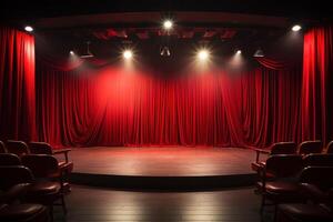 AI generated view of an empty stage of a theater or standup comedy club with red curtain photo