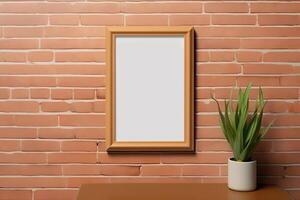 AI generated Brick wall with empty mockup in wooden frame over wooden table with potted plant photo