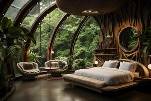 AI generated Modern interior of an eco-friendly hotel bedroom with large panoramic windows in a deep jungle photo