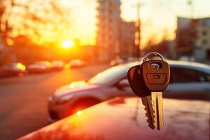 AI generated New car keys on blurred background of house yard under setting sun rays photo