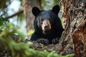 AI generated a large black bear with wet fur peeks out from behind a tree in the forest photo