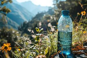 AI generated Small plastic bottle half full of pure mineral water in grass and flowers on a blurred sunny mountain background photo