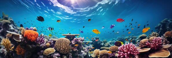 AI generated Beautiful scenic underwater view, marine ecosystem panoramic background, banner photo