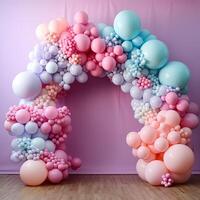 ai generado decoración de un arco con globos para un fiesta en pastel colores en un rosado antecedentes foto