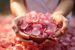 AI generated closeup female hands with scented pink rose petals in palms photo