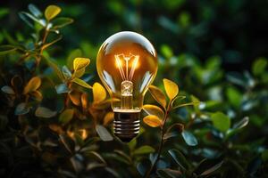 AI generated A glass light bulb glows with a cozy warm light among green leaves photo