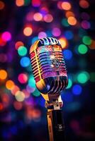 AI generated vertical image of stylish old retro microphone on multicolored lighting bokeh background photo