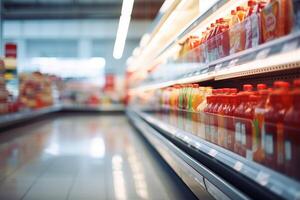 AI generated Food store fridge shelves with drinks. supermarket blurred background photo