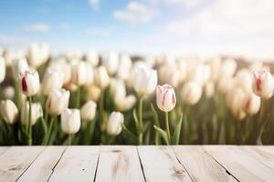 AI generated empty white wooden table top on blurred tulips flowers background for product display or montage photo