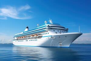 AI generated large modern white passenger cruise ship in the blue sea or ocean on a sunny day photo