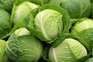 AI generated heap of ripe organic cabbage background top view, vegetable harvest texture photo
