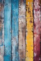 AI generated vertical old weathered blue, yellow and red colored painted wooden board texture wall background, rustic hardwood planks surface photo