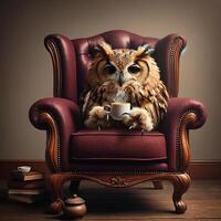 AI generated The owl drinks coffee and sits in the armchair. Anthropomorphic animals. Generative AI. photo