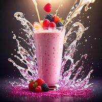 AI generated Fantasy generative AI mixes fruits and berries. Food background. A smoothie or milkshake is being prepared. photo