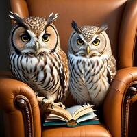 AI generated The owl is reading a book and sitting in the armchair. Anthropomorphic animals. Generative AI. photo