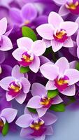 AI generated Vertical layout for Valentine's Day. Orchids background. Generative AI. photo