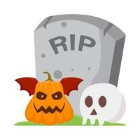 pumpkin halloween bat with skull in tombstone illustration vector