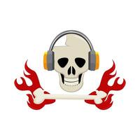 headphone in skull, bone with fire illustration vector