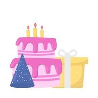 cumpleaños pastel, sombrero cumpleaños con regalo caja ilustración vector