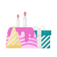 birthday cake, hat birthday  with gift box illustration vector