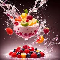 AI generated Fantasy generative AI mixes fruits and berries. Food background. A smoothie or milkshake is being prepared. photo