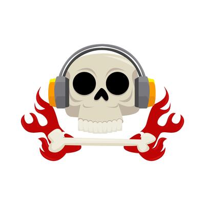 headphone in skull, bone with fire illustration