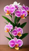 AI generated Vertical layout for Valentine's Day. Orchids background. Generative AI. photo