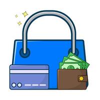 compras bolsa, dinero en billetera con débito tarjeta ilustración vector