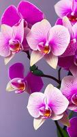 AI generated Vertical layout for Valentine's Day. Orchids background. Generative AI. photo