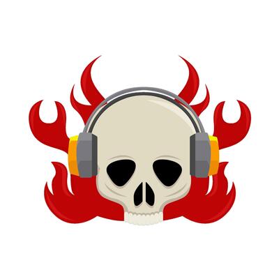 headphone in skull with fire illustration