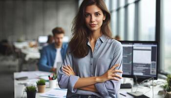 AI generated Beautiful female architect standing with arms crossed in modern office photo