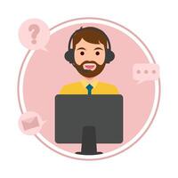 call center work in front computer with answer customer questions illustration vector