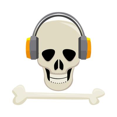 headphone in skull with bone illustration