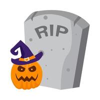 pumpkin halloween witch in tombstone illustration vector