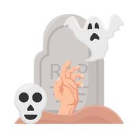 skull, ghost with hand in tombstone illustration vector