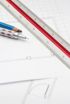 Pencils and ruler on a construction plan, close-up, architect, architecture,drawing architect. photo
